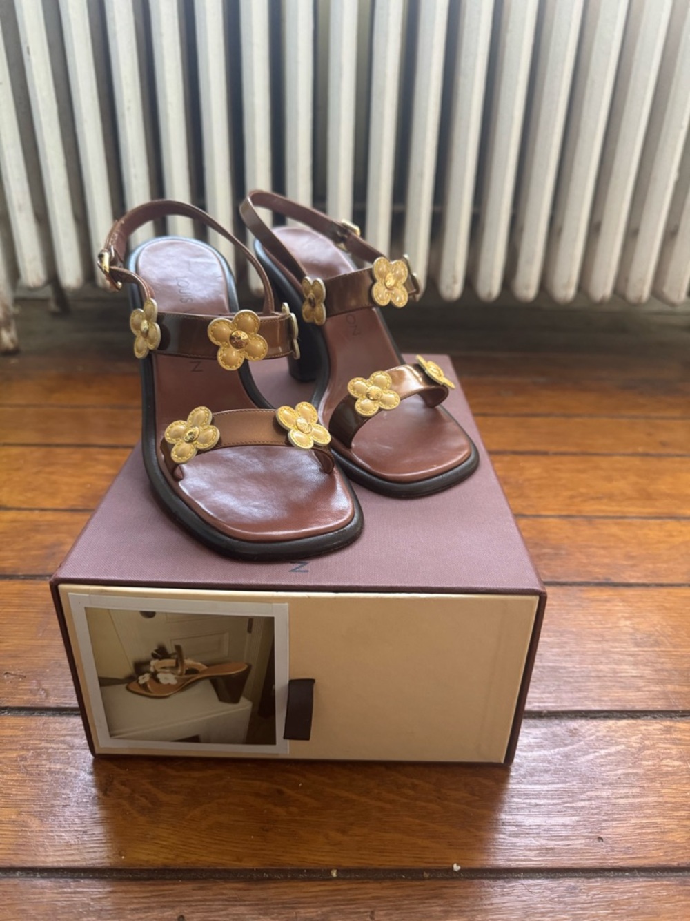 Louis Vuitton Brown Leather Slingback Sandals with Gold Floral Appliqués - Picture 2 of 11